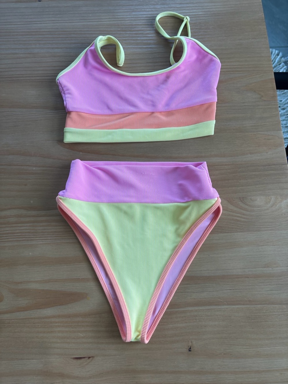 Beach Riot Small bottom' Medium top High-Waist Bikini Set - Pink, Yellow & Peach